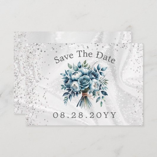 Dusty Blue Silver Rose Save the Date Card (Vorne/Hinten)
