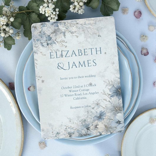 Dusty Blue Silver Rose Winter Floral Wedding Einladung
