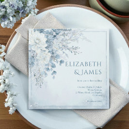 Dusty Blue Silver Rose Winter Floral Wedding Einladung