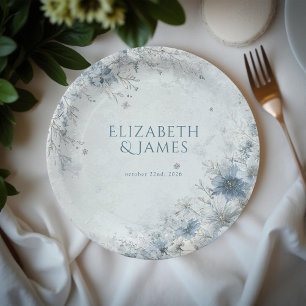 Dusty Blue Silver Rose Winter Floral Wedding Pappteller
