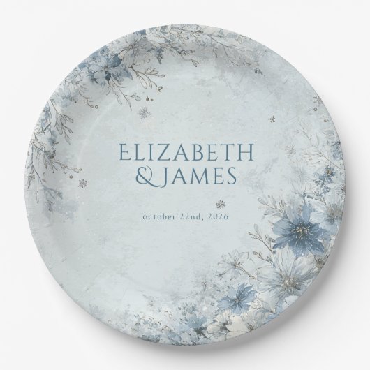 Dusty Blue Silver Rose Winter Floral Wedding Pappteller (Vorderseite)