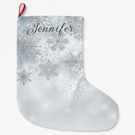 Dusty Blue & Silver Snowflake Weihnachten Strumpf Großer Weihnachtsstrumpf (Vorderseite)