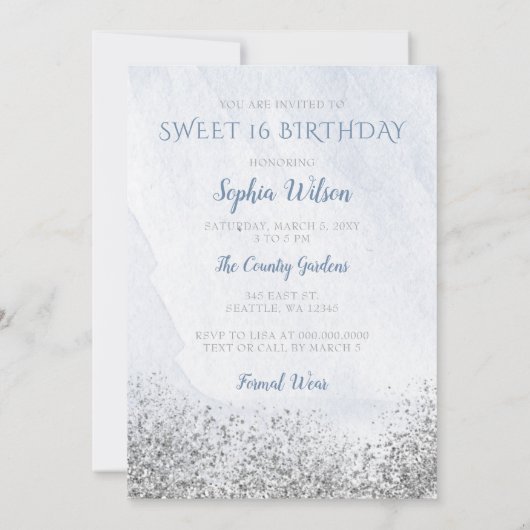 Dusty Blue Silver Sparkle Dress Sweet 16 Geburtsta Einladung (Rückseite)