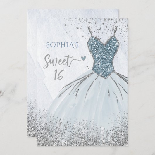 Dusty Blue Silver Sparkle Dress Sweet 16 Geburtsta Einladung (Vorne/Hinten)