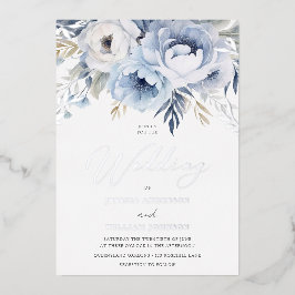 Dusty Blue & Silver Sparkle Floral Wedding Folieneinladung