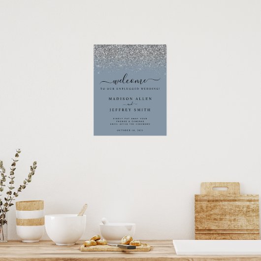 Dusty Blue & Silver Unplugged Wedding Welcome Poster (Küche)