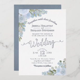 Dusty Blue & Silver Watercolor Floral Boho Wedding Folieneinladung