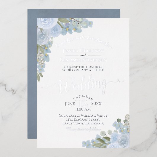 Dusty Blue & Silver Watercolor Floral Boho Wedding Folieneinladung (Vorderseite/Rückseite)
