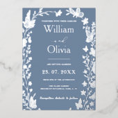 Dusty Blue Silver Wildblume Foto Wedding Folieneinladung (Vorderseite)