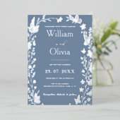 Dusty Blue Silver Wildblume Foto Wedding Folieneinladung (Stehend vorne)