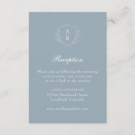 Dusty Blue Simple Blätter Wappen Hochzeitsempfang Begleitkarte