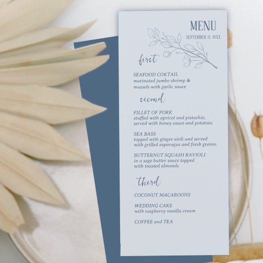 Dusty Blue Simple Boho Floral Wedding Menu Menükarte