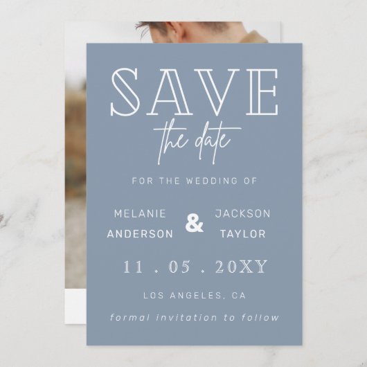 Dusty Blue Simple Calligraphy Foto Save the Date (Vorne/Hinten)