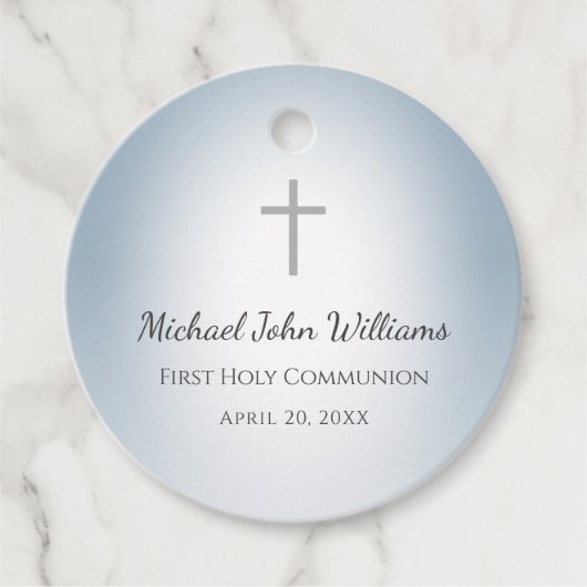 Dusty Blue Simple Cross Boys Erste Heilige Kommune Geschenkanhänger (Vorderseite)