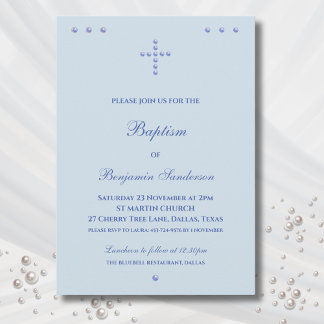 Dusty Blue Simple Cross Christian Baptism Einladung