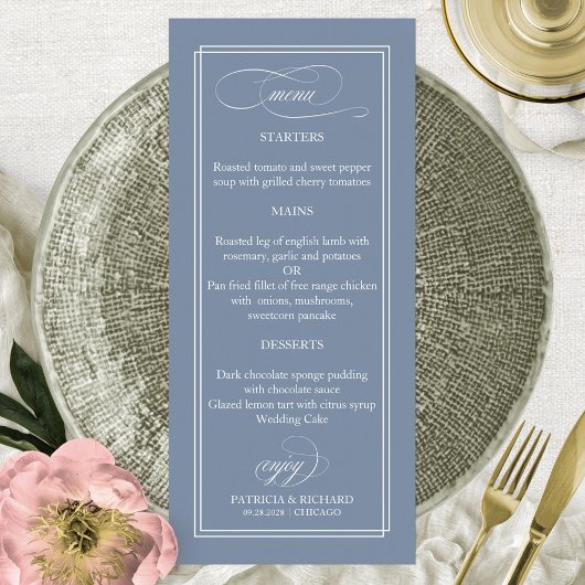 Dusty Blue Simple Elegant 4x9 Wedding Menu Menükarte