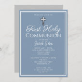 Dusty Blue Simple Elegant Boys Communion Einladung (Vorne/Hinten)