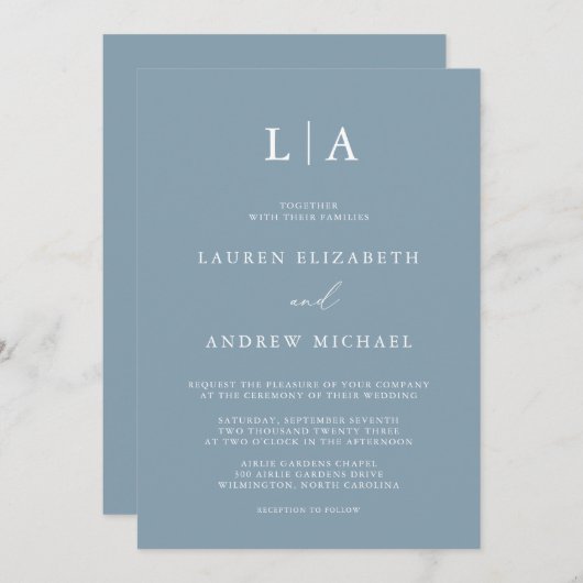 Dusty Blue Simple Elegante 1 Einladung zur Hochzei (Vorne/Hinten)