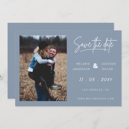 Dusty Blue Simple Handwriting Foto Save The Date (Vorne/Hinten)