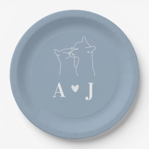 Dusty Blue Simple Minimalistisch Cat Monogram Wedd Pappteller
