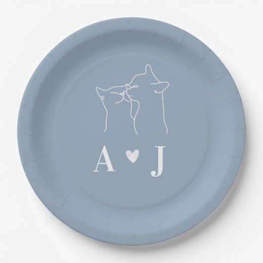 Dusty Blue Simple Minimalistisch Cat Monogram Wedd Pappteller (Vorderseite)