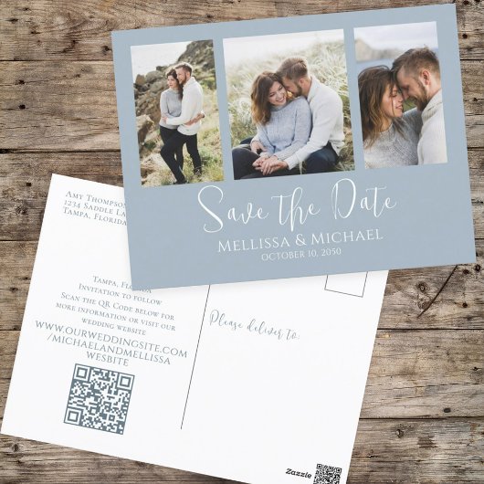 Dusty Blue Simple Minimalistisch Foto Collage QR C Postkarte