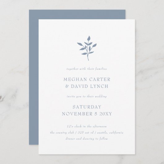 Dusty Blue Simple Modern Botanical Wedding Einladung (Vorne/Hinten)