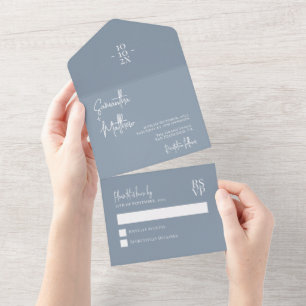 Dusty Blue Simple Modern Minimalistisch Wedding All In One Einladung