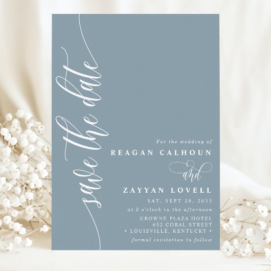 Dusty Blue Simple Modern Script Save the Date