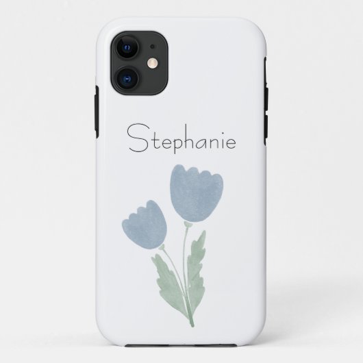 Dusty Blue Simple Watercolor Floral Your Name Case-Mate iPhone Hülle (Rückseite)