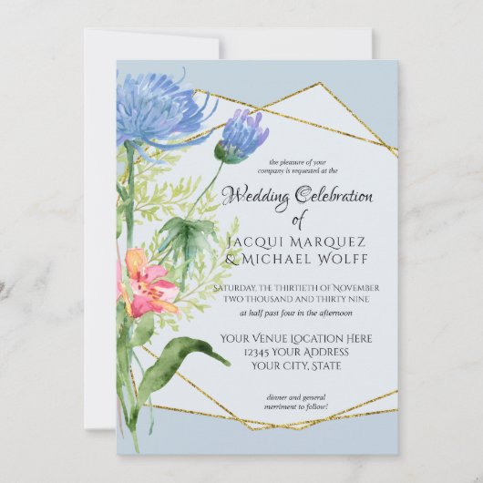 Dusty Blue Simple Watercolor Moderne Blumenhochzei Einladung (Vorderseite)