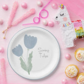 Dusty Blue Simple Watercolor Spring Tulips Pappteller (Party)