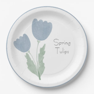 Dusty Blue Simple Watercolor Spring Tulips Pappteller