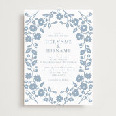 Dusty Blue Simple White Folk Floral Wedding Einladung