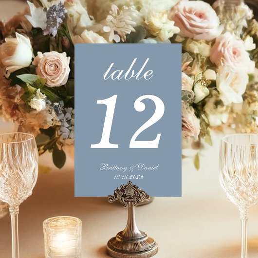Dusty Blue Simple White Script Calligraphy Wedding Tischnummer