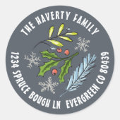 Dusty Blue Sketched Holly Spruce Winter Holiday Runder Aufkleber (Vorderseite)