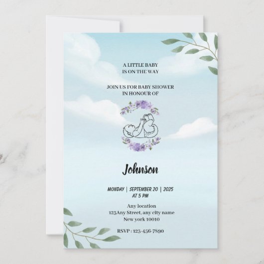 Dusty Blue Sky White Wolken Moderne Babydusche Einladung (Vorderseite)