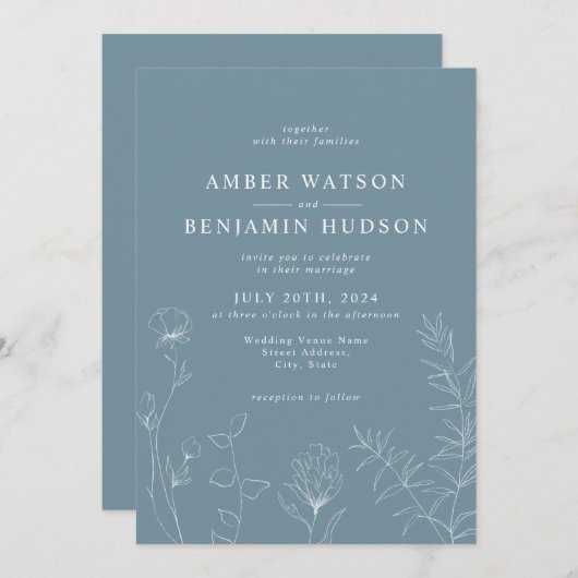 Dusty Blue Slate Blue Wildblumen Blumenhochzeit Einladung (Vorne/Hinten)