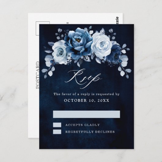 Dusty Blue Slate Dark Navy Floral Botanic UAWG P Postkarte (Vorne/Hinten)