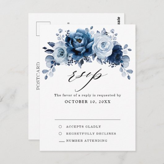 Dusty Blue Slate Dark Navy Floral Botanic UAWG Postkarte (Vorne/Hinten)