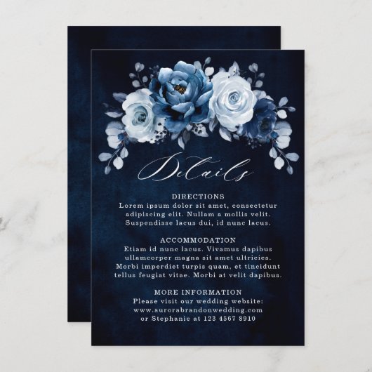 Dusty Blue Slate Navy Blumenzettel Begleitkarte (Vorne/Hinten)