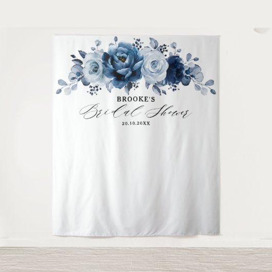 Dusty Blue Slate Navy Botanical Bridal Shower Wandteppich (Vorderseite)