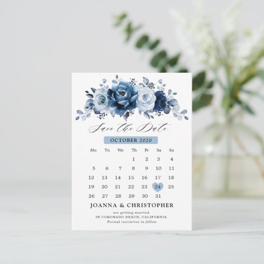 Dusty Blue Slate Navy Botanisch Save the Date Postkarte (Stehend Vorderseite)
