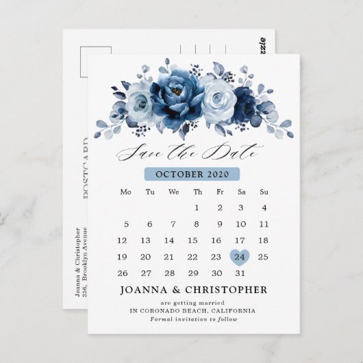 Dusty Blue Slate Navy Botanisch Save the Date Postkarte (Vorne/Hinten)