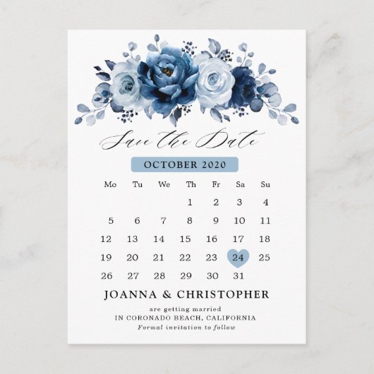Dusty Blue Slate Navy Botanisch Save the Date Postkarte (Vorderseite)