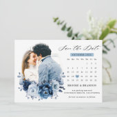 Dusty Blue Slate Navy Botanischer Foto-Kalender Save The Date (Stehend Vorderseite)