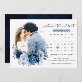 Dusty Blue Slate Navy Botanischer Foto-Kalender Save The Date (Vorne/Hinten)
