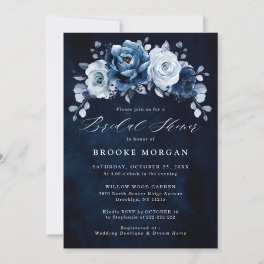 Dusty Blue Slate Navy Botanisches Brautparty Invi Einladung (Vorderseite)