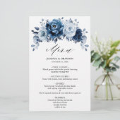 Dusty Blue Slate Navy Botanisches Hochzeitmenü (Stehend Vorderseite)