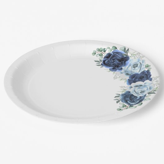 Dusty Blue Slate Navy Floral Botanical Pappteller (Schrägansicht)